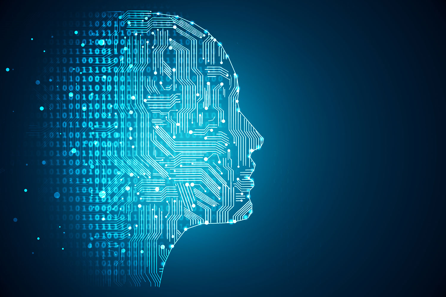 Glowing computer circuits in the shape of a human head, seen in profile from the side