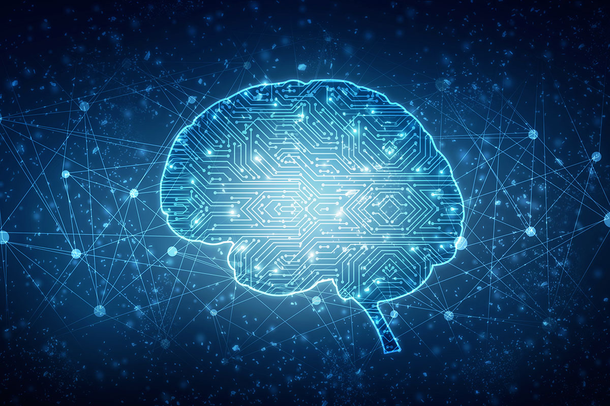 Illustration of electrical circuits in the shape of a human brain