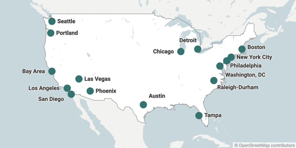 Map of the United States with pins indicating locations of chapters (full list below)